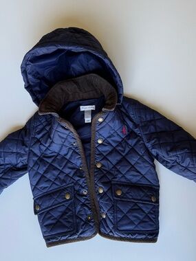Ralph Lauren Kids Quilted Hooded Barn Jacket in Navy with Corduroy Trim
